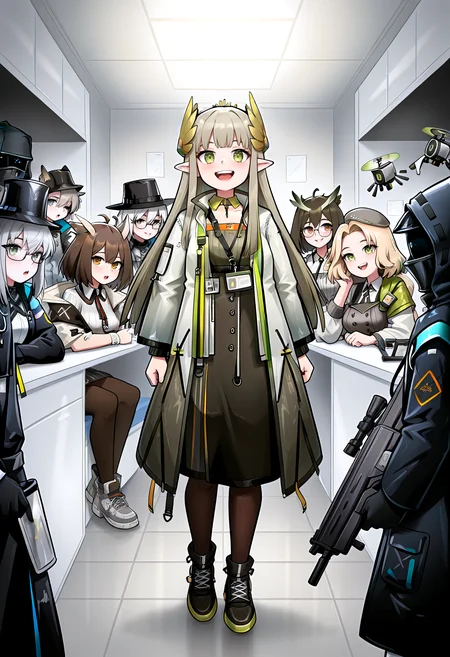 IllustriousQual <lora:StS-Illustrious-Detail-Slider-v1.0:2> <lora:cfg_scale_boost:0.3>,detailed_background,indoors,nasti \(arknights\),highres,drone,multiple girls,green eyes,gun,arknights,coat,muelsyse \(arknights\),jara \(arknights\),glasses,tin man \(arknights\),jacket,rhine lab logo,holding,kristen \(arknights\),brown hair,6+boys,hat,parvis \(arknights\),silence \(arknights\),6+girls,id card,hair ornament,animal ears,absurdres,white hair,ferdinand \(arknights\),grey hair,doctor \(arknights\),ho&