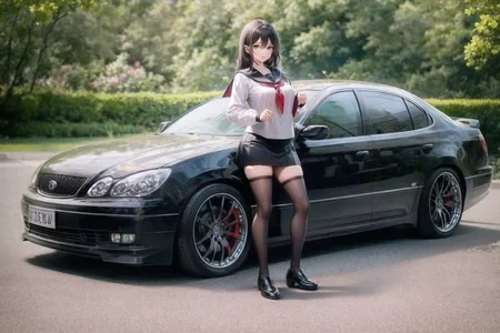 ((masterpiece, best quality)),extremely_detailed_wallpaper, illustration,1girl,(girl:1),standing, solo, (fullbody),(((girl stand in front of car))), de,sidelocks, aqua eyes, bangs, hair between eyes, looking at viewer, long sleeves,bright,beautiful detailed sky,light,spring,stream,seaside,aqua water,green trees,outdoors, black sailor collar, black serafuku, long hair, black hair, black thighhighs, Pleated skirt, <lora:AristoV300-000008:0.9>