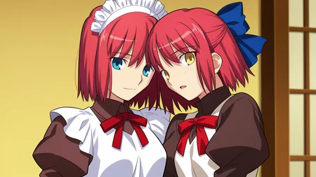 masterpiece, best quality, amazing quality, very aesthetic, absurdres, newest, anime screencap, <lora:kohakuILM:1>, kohaku (tsukihime), takeuchi takashi, yellow eyes, red hair, hair ribbon, blue ribbon, hair between eyes, short hair, sidelocks, bob cut, maid, maid apron, apron, white apron, kimono, brown kimono, japanese clothes, wa maid, puffy short sleeves, (hisui (tsukihime), blue eyes, red hair, short hair, bob cut, maid headdress, neck ribbon, red ribbon, juliet sleeves, twins, sisters, maid, maid apron, collared dress),