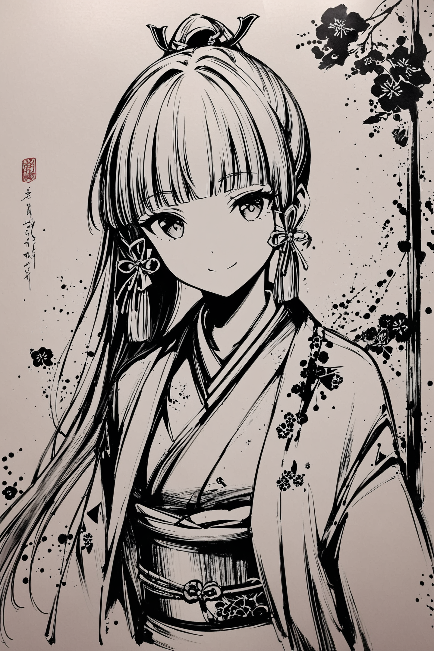 score_9,score_8_up,score_7_up,masterpiece,best quality,
monochrome,greyscale,1girl,kamisato ayaka,solo,flower,ponytail,japanese clothes,long hair,kimono,holding,smile,bangs,looking at viewer,hair ribbon,ribbon,sidelocks,blunt bangs,traditional media,
<lora:okazu_XL_PONY:0.9>,