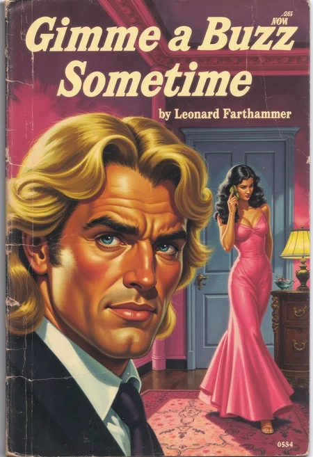Book cover, (wear and tear on the edges of the cover), classic 1980s romance novel cover illustration. The title is written in a bold ornate font that reads "Gimme a Buzz Sometime" The author of the book is in a smaller font at the bottom and his name is "Leonard Farthammer". The design features a close-up of a strikingly handsome man with long, flowing golden-blonde hair and piercing blue eyes. His chiseled face and strong jawline dominate the left side of the cover, gazing intensely forward. In the background, a beautiful woman with long, dark hair stands gracefully in her ornately decorated living room. She wears a flowing, elegant pink gown reminiscent of 19th-century fashion, talking on the phone with an expression of longing or mystery. The backdrop is painted in dreamy, romantic hues of pink, purple, and gold, suggesting a sunset or soft, romantic lighting. The title of the novel is presented in bold, ornate lettering at the top, with the author's name in large, stylized script, completing the vintage, romantic aesthetic." vintage comic book cover