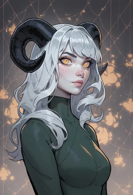 score_9, score_8_up, score_7_up, beautyfull color, aesthetic, 1girl, solo, twisted ram's horns, freckles, white hair, long bangs, golden eyes, vertical pupils, pale skin, green dress, BREAK medium shot, detailed background