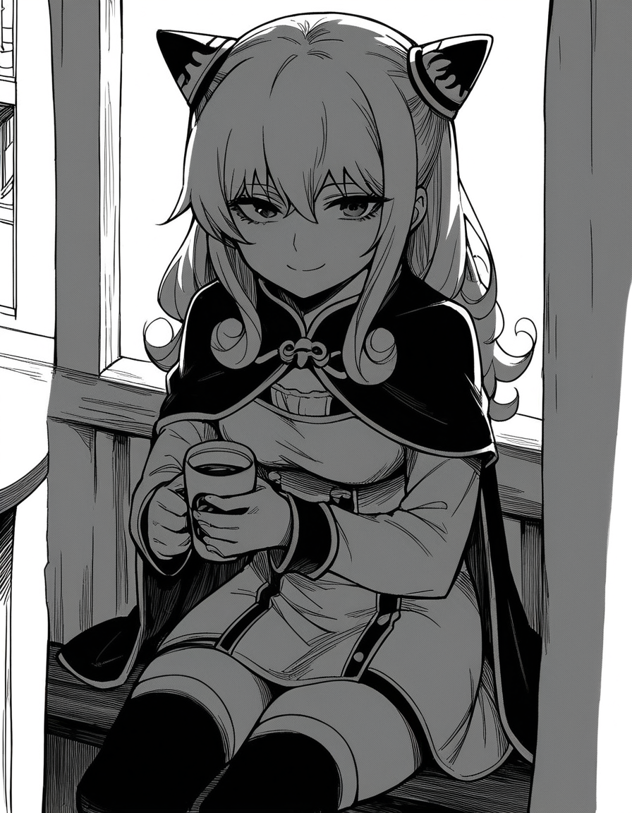 score_9, score_8_up, score_7_up, source_anime, <lora:ashe-talton-manga-ponyxl-lora-nochekaiser:1>, rengoku ashe, long hair, greyscale, monochrome,, thighhighs, long sleeves, capelet, cape, dress, white dress,, cafe, coffee cup, barista, sitting down, talking, relaxing, sunlight through window, smile, looking at viewer, solo,, cowboy shot, dutch angle