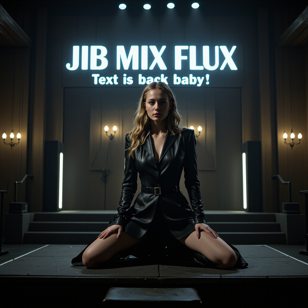 A cinematic movie film Stil, of  a goth lady rocking out on stage with a neon sign with text saying: "Jib Mix Flux - Text is back baby!" 4k, 8k, UHD.