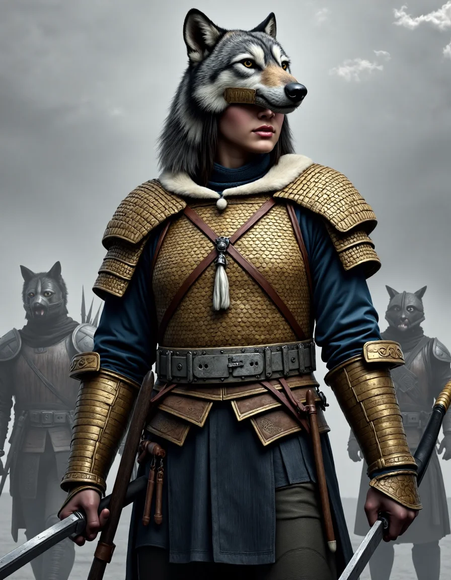 realistic photo , Dacian woman in tarabostes armour wearing above the helmet a wolf skin, wolf fur<lora:DaciiV6:0.5>