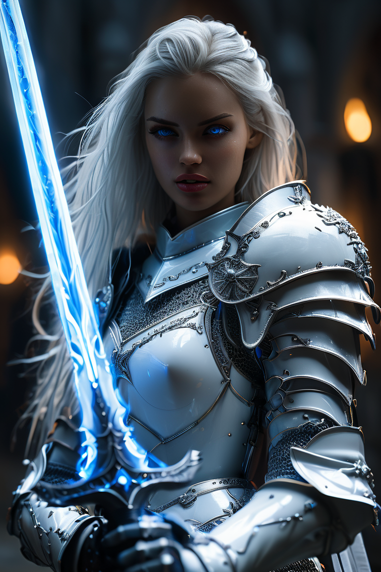 Cinematic shot of a female knight wearing a white armor, beautiful hair, holding blue glowing sword, sword pointing down, fantasy village in background, reflective light, HKStyle, HD, masterpiece, best quality, hyper detailed, ultra detailed, super realistic