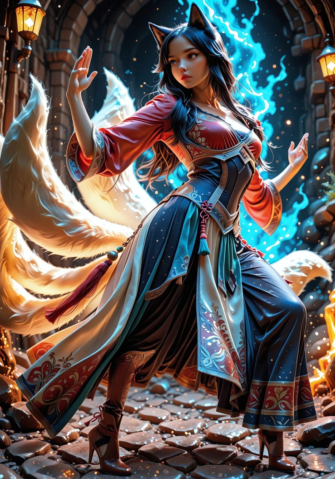 Semi real, ahri ,beautiful face, perfect hands,cute , seethru clothes,sheer fabrics, diamond high heels, inside a lava dungeon, battle stance, blue aura in her hands
