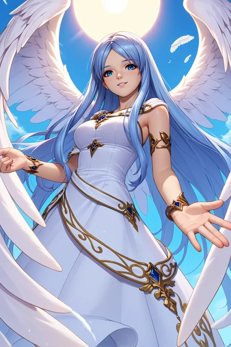 score_9, score_8_up, score_7_up, score_6_up, source_anime, 1girl, solo, <lora:ysfeena-pdxl-nvwls-v1-000004:1> angelFeena, light blue hair, very long hair, blue eyes, angel wings, white dress, armlet, bracelet, big breasts, from below, outstretched hand, looking at you, smile, blue sky, sun