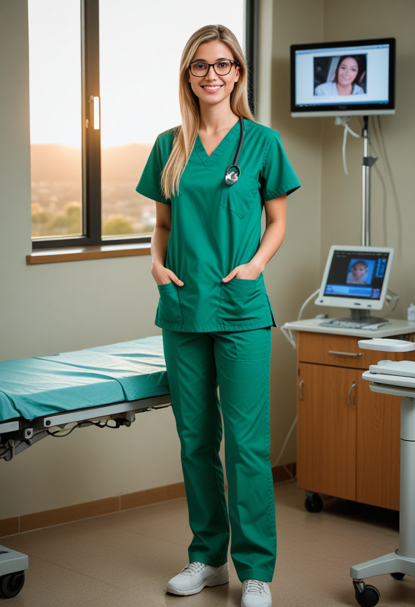 (medium full shot) of  (desirable doctor) young woman, brazilian, tan skin, brown eyes, lithe build, medium blonde straight down hair,  wearing a green medical scrub, comfortable pants, professional shoes, eyeglasses, set in  Operating Room, Viewing Gallery, Observational area with tiered seating for medical students and observers, large windows providing a clear view into the operating room, audiovisual equipment for live streaming of surgeries, a lectern for presentations and discussions, dimmable lighting for optimal viewing conditions, at sunset, woman smiling at the viewer, Masterpiece,best quality, photo, realistic, very aesthetic, detailed face,