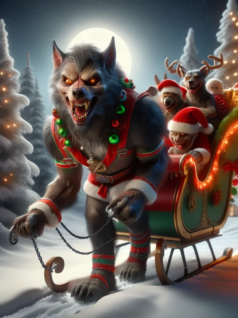 ral-santasleigh, a photorealistic werewolf decorated is pulling Santas sleigh, the werewolf is adorned with a festive colorful harness <lora:ral-santasleigh-sdxl:1>