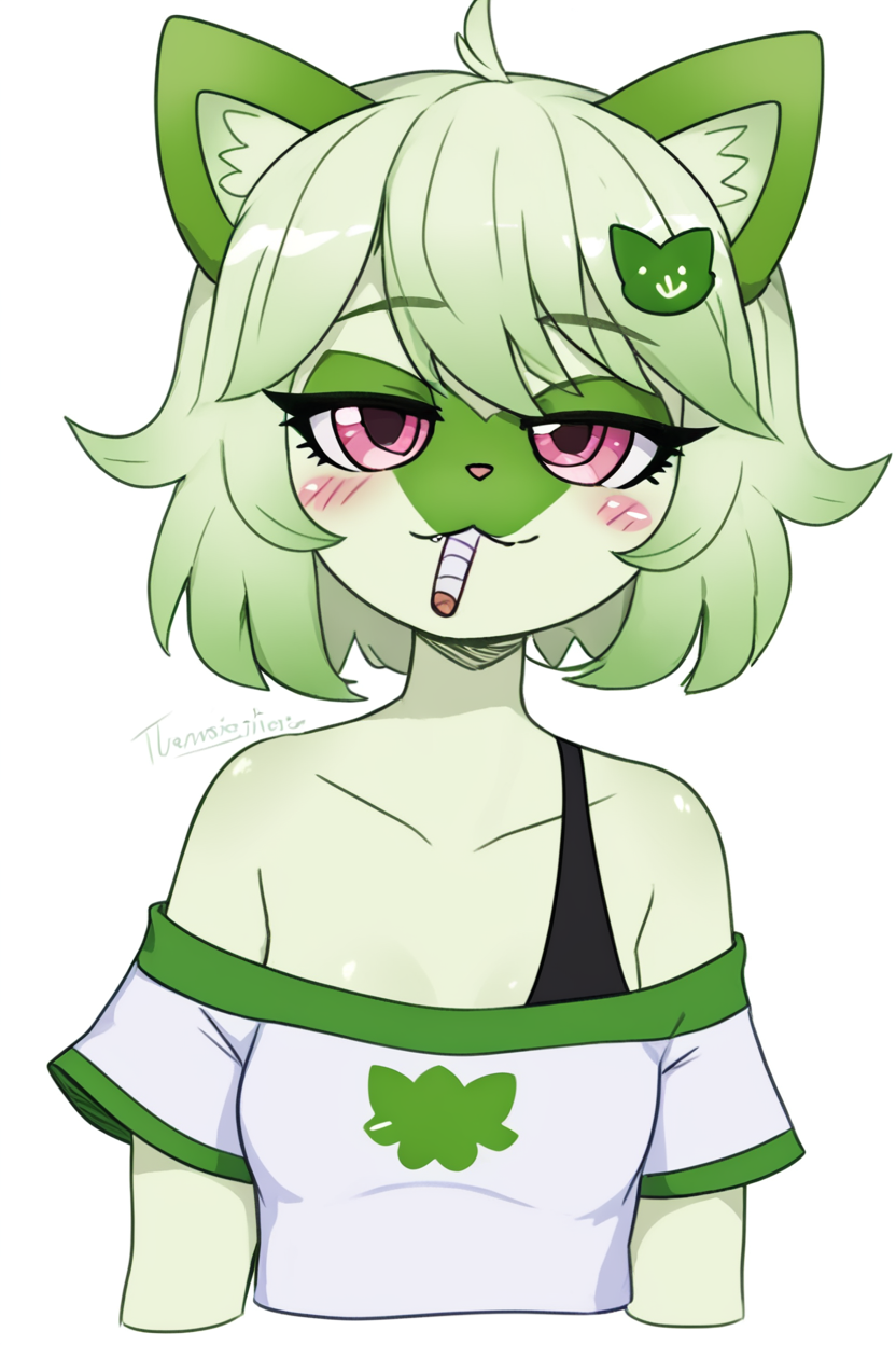 score_9, score_8_up, score_8, medium breasts, (curvy), cute, eyelashes,       BREAK, ,  zzWdcat, 1girl, looking at viewer, blush, short hair, simple background, shirt, white background, animal ears, bare shoulders, upper body, short sleeves, green hair, artist name, cat ears, off shoulder, black shirt, :3, blush stickers, half-closed eyes, cat girl, furry, cropped torso, furry female, <lora:Wdcat_PDXL:1.0>, , BREAK, smile, closed mouth, looking at viewer, cowboy shot,  ,,, embedding:zPDXL, Expressiveh, ,,, <lora:MantisStyle_PDXL_v2:0.8>, <lora:SDXLFaeTastic2400:0.5>, <lora:Expressive_H-000001:0.4>,