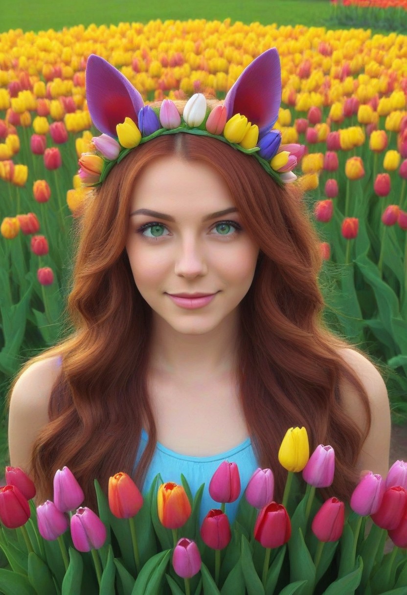 (umamusume, rhein_kraft_(umamusume), horse_ears, horse_girl, tail, 1girl, ahoge, animal_ears,)
casual, field, flower, flower_field, green_eyes, hair_between_eyes, hair_ornament, 
head_wreath, looking_at_viewer,  solo, aesthetic, absurdres, symmetric ,spiralling vortex made of multicoloured tulips, lush foliage sunrise,  ripples, reflective, jaynl-tm, rainbow, , g0ldsw0rthy,
(realistic, photo,  artistic, medium_hair, one_eye_closed, petals, relaxing, smile,  : 0.7)