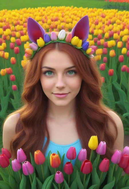 (umamusume, rhein_kraft_(umamusume), horse_ears, horse_girl, tail, 1girl, ahoge, animal_ears,)
casual, field, flower, flower_field, green_eyes, hair_between_eyes, hair_ornament, 
head_wreath, looking_at_viewer,  solo, aesthetic, absurdres, symmetric ,spiralling vortex made of multicoloured tulips, lush foliage sunrise,  ripples, reflective, jaynl-tm, rainbow, , g0ldsw0rthy,
(realistic, photo,  artistic, medium_hair, one_eye_closed, petals, relaxing, smile,  : 0.7)