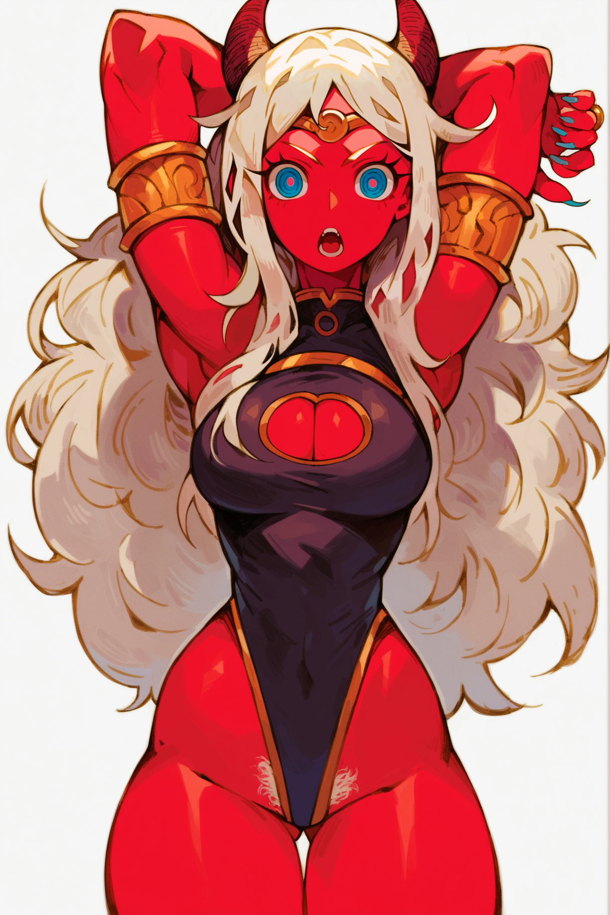 score_9, score_8_up, score_7_up, score_6_up, score_5_up, score_4_up, 1girl, solo, colored skin, horns, simple background, white background, leotard, bracelet, blue eyes, breasts, long hair, armlet, white hair, female pubic hair,  ringed eyes, clothing cutout, open mouth, cleavage cutout, looking at viewer, cowboy shot, fingernails, highleg, medium breasts, very long hair, cleavage, ring, standing, arms up, stretching, holding own arm,
