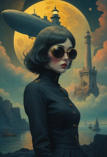 front portrait Photography, the moon, with strange architecture and polkadot 60's pastels color,  in front of a crowd, art Nouveau, baroque,  trending on ArtStation, tintricate, showing   epic, atompunk, raypunk, 1900s historic rendering of an old lighthouse, square spaceship , digital artwork by Beksinski, vibrant colors, epiCPhoto, masterpiece, retro style, a pop Courreges 2 attractive air hostess with large sunglasses mask, 80 degree view, art by Sergio Lopez , Natalie Shau, James Jean and Salvador Dali, 
Twilight has spilled the ink,  scary, in a dark room, 8k scenery, watercraft, cloud, sky, ship, 
The traffic stops,