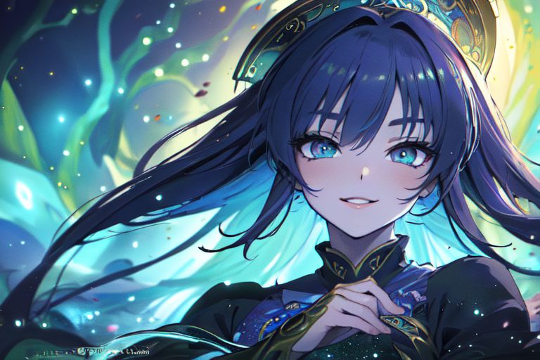 (masterpiece:1.4), 4K8K, (anime style), (high shutterspeed:1.4), (sharp edges), 
SyFyEye1, FanFo, 
1woman  hands togather,  leaning foward, face focus, smile, closed mouth, 
wearing Celtic style dress, (Detailed face, Detailed eyes, Detailed lips), (solo), 
Fantastic Forest at fantasy night, Fantastic Planets