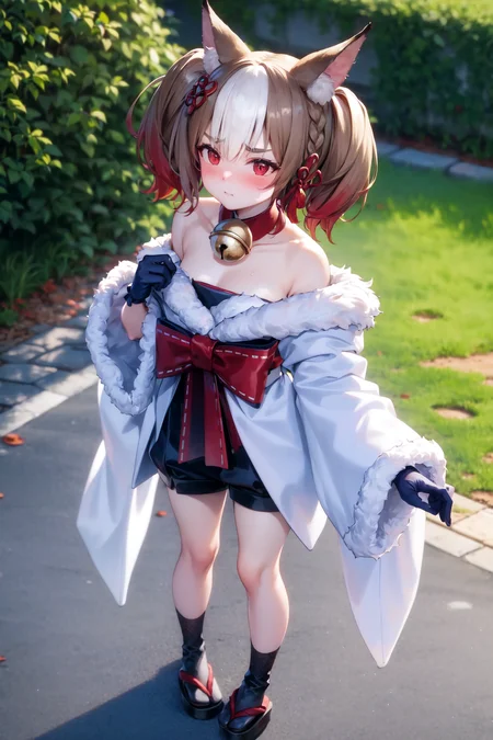 <lora:sekkatest:0.9>, 1girl, she is covering her face with her hands in embarrassment, hands on own face, covering face, ((her long and wide sleeves reach almost to the ground and have an intricate embroidery at the lower end)), standing, full body, (highres, realistic, best quality, masterpiece, ultra-detailed, textured, ambient lighting, cinematic lighting), animal ears ,1girl , fox ears ,bangs , red eyes , multicolored hair , twintails , animal ear fluff ,brown hair , hair ornament ,bell , solo , looking at viewer ,braid ,neck bell , fox girl , jingle bell ,gloves , fur trim , ribbon ,two-tone hair ,japanese clothes ,off shoulder ,bare shoulders ,collar ,bow , (long sleeves) , streaked hair ,blush , black gloves , tail ,white hair , fox tail , kimono ,wide sleeves , red bow , red ribbon ,multiple tails , red hair , collarbone , hair ribbon , short hair , choker , socks , shorts , ribbon trim , sash , black shorts , rope , small breasts , white kimono , fur-trimmed sleeves , tabi , black footwear , black socks , gradient hair , v-shaped eyebrows , dress ,sandals , hair between eyes , obi , medium hair , grey hair , thick eyebrows , short twintails , strapless , sweat , shimenawa , outdoors , fur-trimmed kimono kitsune, cloth, satin, silk, fur, (embarrassed, shy, flustered, hands on own face, covering face, peeking out, peeking through fingers, :1.4 )