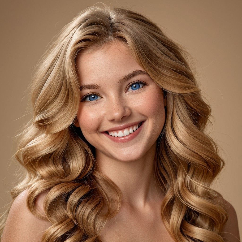 (masterpiece), (photo-realistic), (8k), glamour studio headshot, a 21-year-old French-American woman, fair skin, long soft caramel blonde hair with a gentle wave, blue eyes narrowed slightly, laughing softly with head tilted, teeth barely visible between parted lips, warm blush on cheeks, minimalist beige backdrop, soft key and kicker lighting for dimensionality
Perfect teeth, long wavy golden blonde hair, expressive eyes, nerissa_the_uncloaked
