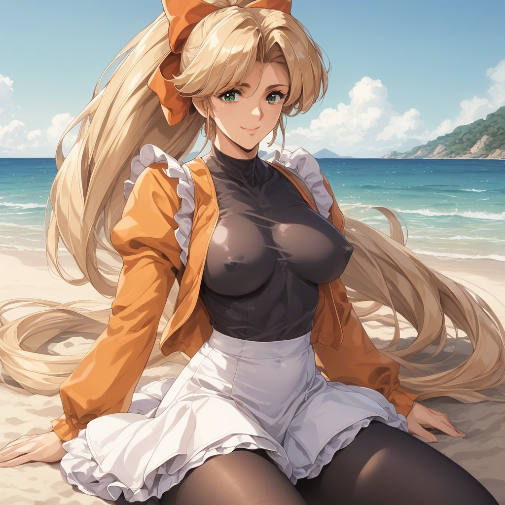 fr0nt1nn0c3ntStyl3, Style: Front Innocent, Artist Style: Urushihara Satoshi, 1girl, masterpiece, highres, high quality, fantasy, score_9, score_8_up, score_7_up, score_6, source_anime, rating_lewd, cowboy shot, mature female, Faye_(Front_Innocent), BREAK, beach, (covered nipples), seductive smile, smile BREAK, , BREAK, Faye, blonde hair,very long hair,high ponytail,very long sidelocks,hair bow,green eyes, dress,black shirt,orange vest,long_sleeves, white skirt,frills, black pantyhose, short boots,