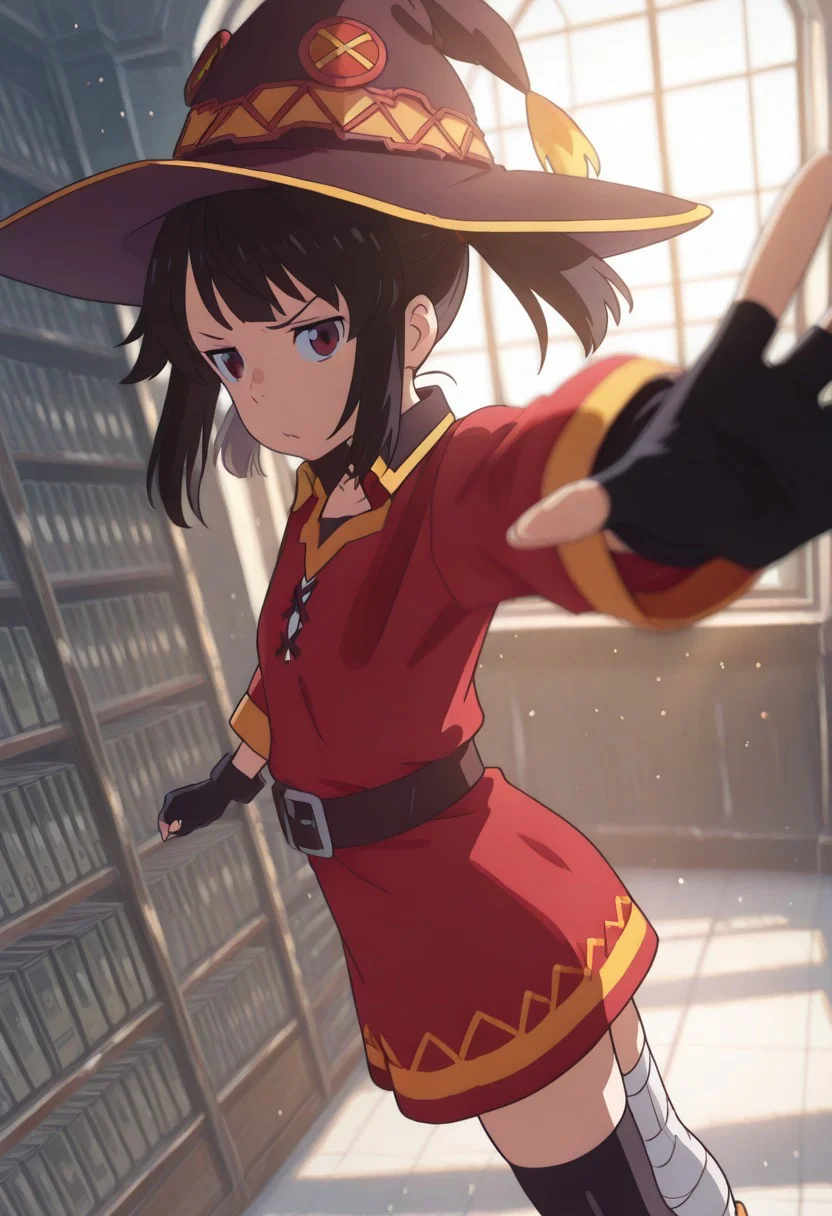 masterpiece, best quality, amazing quality, cinematic lighting, gradient colors, raytracing anime style,high detail, dramatic angle, dramatic light, Shinkaistyle,
BREAK,
1girl, solo, c7ilf, miyamizu_yotsuha, brown eyes, flat chest, black hair, twintails, messy hair, short_hair,
<lora:megumin-cosplay-illustriousxl-lora-nochekaiser:1>, megumin cosplay, megumin (cosplay), thighhighs, gloves, hat, dress, black gloves, belt, black thighhighs, fingerless gloves, cape, collar, witch hat, bandages, red dress, single thighhigh, asymmetrical legwear, bandaged leg,
old mysterious library, dynamic pose, perspective, open hand, cast spell, outstretch arm, hand on foreground, looking at viewer, tsundere
BREAK,
indoors, day, detailed background, back light, depth of field, light rays, window, dust particles, library, close-up, cowboy shot, sunset, from side, dutch angle, perspective