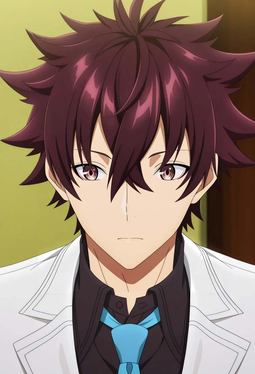 masterpiece, best quality, , anime screencap, anime coloring, official style,, 1boy, solo, male focus, <lora:yuuya_tenjou_ilxl:0.98>, yuuya_tenjou, brown hair, brown eyes, short hair, hair between eyes, spiked hair, bangs, white jacket, blue necktie, black shirt, collared shirt, ,