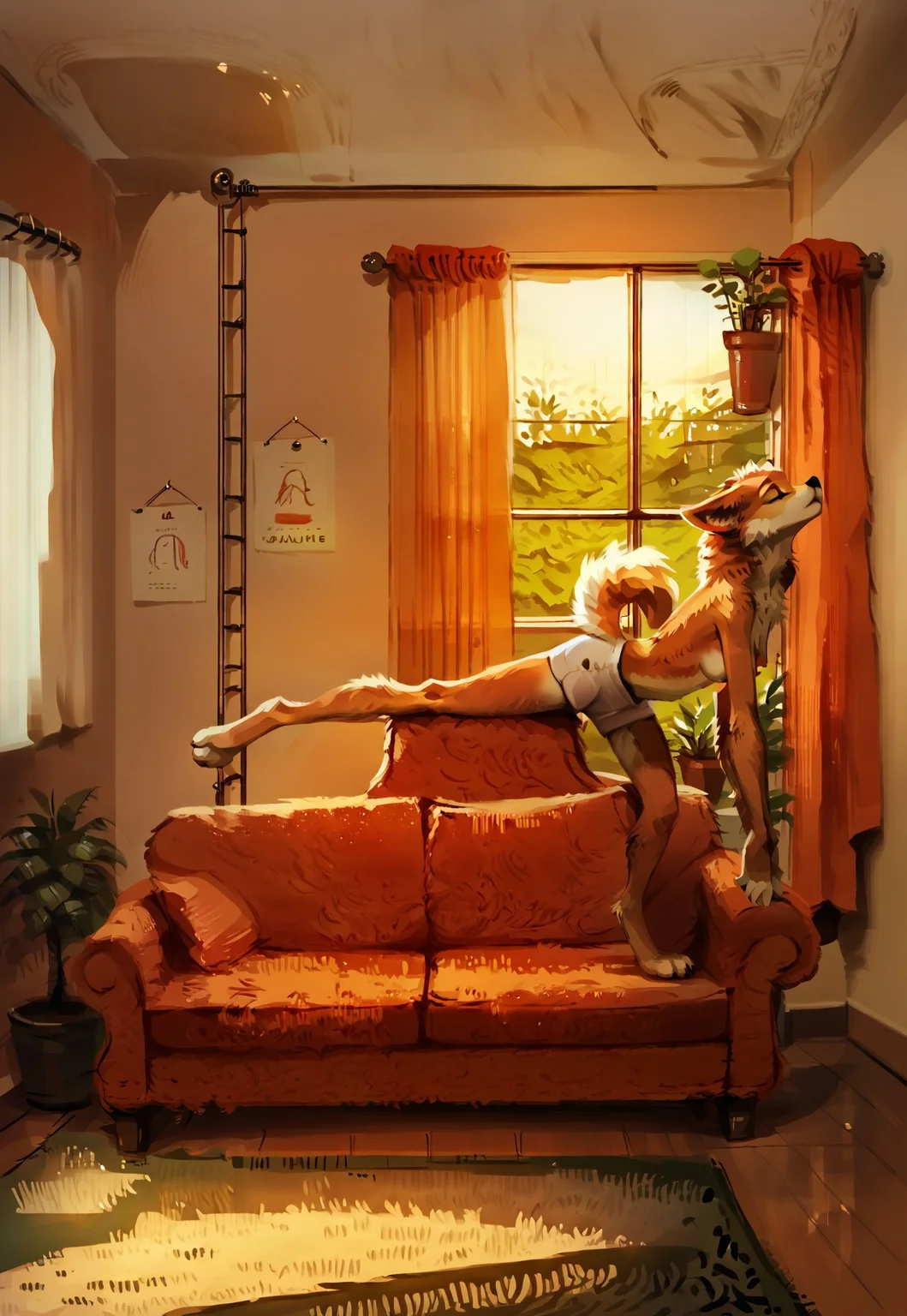 safe_pos, safe_pos, score_9, score_8_up, score_7_up, score_6_up, intricately detailed illustration, source_furry, masterpiece, best quality, highly detailed, 
1girl, furry, anthro wolf, wolf face, white fur, fur covered, detailed fur, fluffy, digitigrade legs, shoulder-length, straight hair with a deep side part, medium breasts, nipples, short white shorts, uncovered chest, stretching, (bent over, holding ankles),
casual, couch, window, messy room, curtains, shelves, sitting on couch, potted plants, shelves posters, pipes, brick wall, 
invncbl, artbook illustration