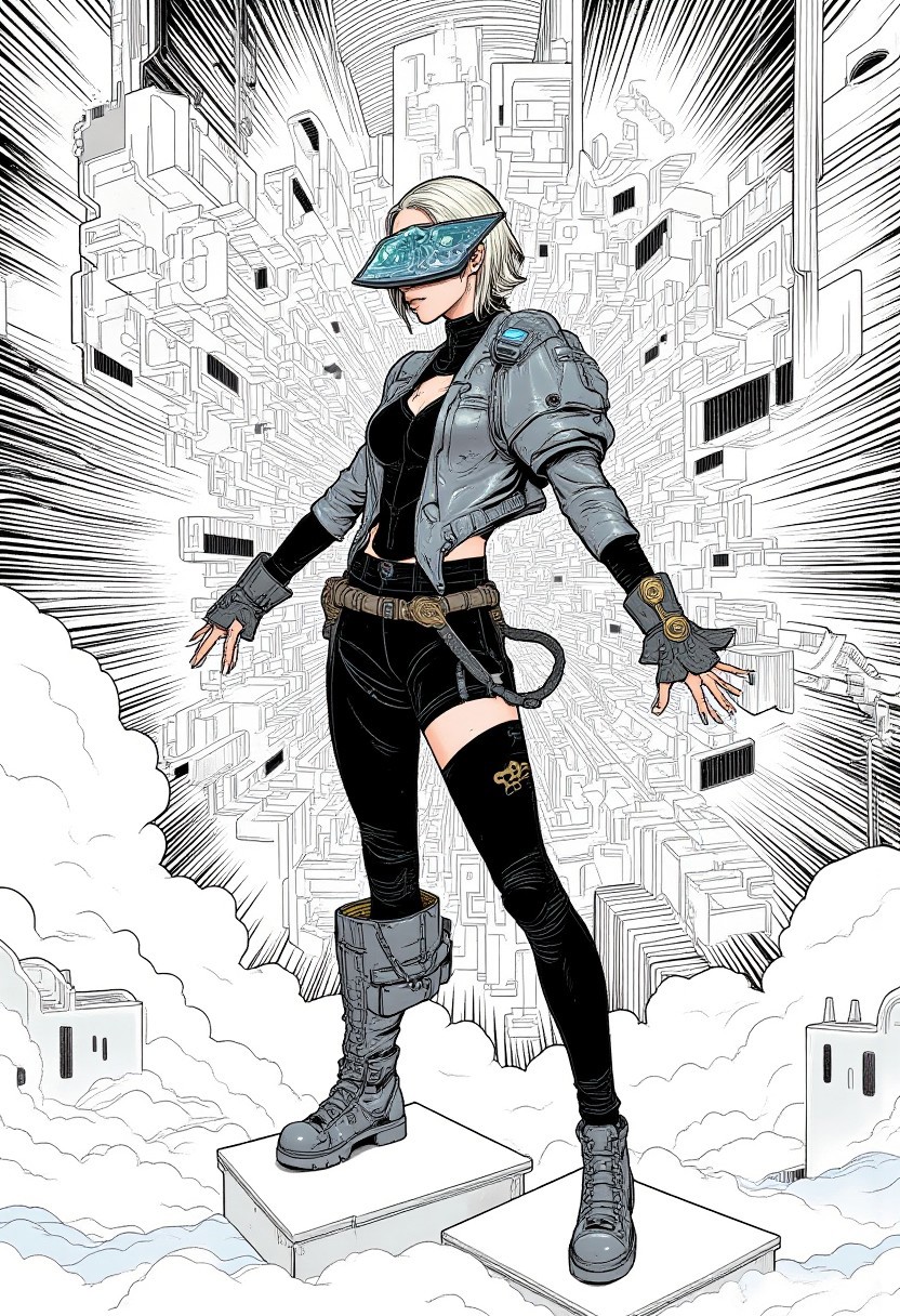 A hyper-realistic long shot of a woman standing atop a geometric pedestal, exuding confidence with one leg slightly bent and her arms outstretched, commanding the space around her. Her avant-garde outfit, inspired by brutalist architecture, features angular metallic silver and black panels with sharp, asymmetrical cutouts. A large, angular chrome silver piece resembling a shattered building fragment obscures her eyes, reflecting light with polished texture and subtle smudged light. Her short platinum mullet hairstyle complements the architectural theme. The background is a dynamic optical illusion crafted using only black-and-white linear lines in Mat Miller’s style. Bold black lines of varying thickness form a grid-like pattern, alternating between thick and thin. Some lines are angled inward, while others extend outward, creating depth. Lines converge toward the viewer, while others stretch back, making areas appear to bulge outward. The lines radiate from focal points, creating a 3D vortex effect. At the edges, the lines tighten, and in the center, they curve inward, intensifying the illusion. The high-contrast black and white enhances the depth, while the sharp linear patterns echo the architectural design of her outfit, adding a surreal, dynamic quality to the scene.