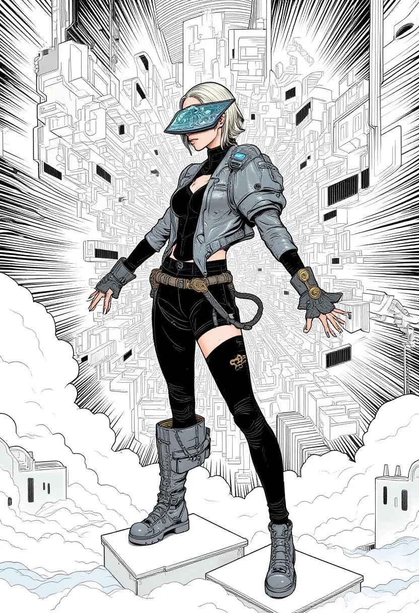 A hyper-realistic long shot of a woman standing atop a geometric pedestal, exuding confidence with one leg slightly bent and her arms outstretched, commanding the space around her. Her avant-garde outfit, inspired by brutalist architecture, features angular metallic silver and black panels with sharp, asymmetrical cutouts. A large, angular chrome silver piece resembling a shattered building fragment obscures her eyes, reflecting light with polished texture and subtle smudged light. Her short platinum mullet hairstyle complements the architectural theme. The background is a dynamic optical illusion crafted using only black-and-white linear lines in Mat Miller’s style. Bold black lines of varying thickness form a grid-like pattern, alternating between thick and thin. Some lines are angled inward, while others extend outward, creating depth. Lines converge toward the viewer, while others stretch back, making areas appear to bulge outward. The lines radiate from focal points, creating a 3D vortex effect. At the edges, the lines tighten, and in the center, they curve inward, intensifying the illusion. The high-contrast black and white enhances the depth, while the sharp linear patterns echo the architectural design of her outfit, adding a surreal, dynamic quality to the scene.