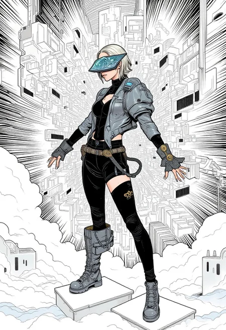 A hyper-realistic long shot of a woman standing atop a geometric pedestal, exuding confidence with one leg slightly bent and her arms outstretched, commanding the space around her. Her avant-garde outfit, inspired by brutalist architecture, features angular metallic silver and black panels with sharp, asymmetrical cutouts. A large, angular chrome silver piece resembling a shattered building fragment obscures her eyes, reflecting light with polished texture and subtle smudged light. Her short platinum mullet hairstyle complements the architectural theme. The background is a dynamic optical illusion crafted using only black-and-white linear lines in Mat Miller’s style. Bold black lines of varying thickness form a grid-like pattern, alternating between thick and thin. Some lines are angled inward, while others extend outward, creating depth. Lines converge toward the viewer, while others stretch back, making areas appear to bulge outward. The lines radiate from focal points, creating a 3D vortex effect. At the edges, the lines tighten, and in the center, they curve inward, intensifying the illusion. The high-contrast black and white enhances the depth, while the sharp linear patterns echo the architectural design of her outfit, adding a surreal, dynamic quality to the scene.