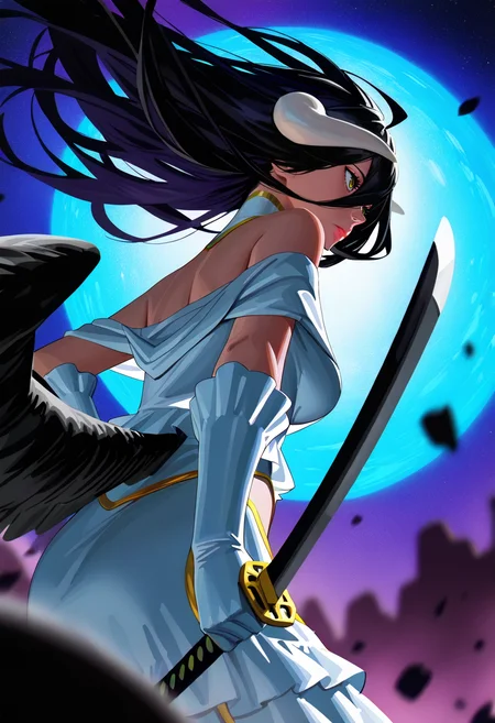 (masterpiece:1.35), (very aesthetic, best quality:1.3), albedo_\(overlord\), , Alien-themed, Extraterrestrial, cosmic, otherworldly, mysterious, sci-fi, highly detailed,, (by some1else45:1.25), (by guweiz:1.25), painterly sketch illustration, nose, lips, perspective, depth of field, blurry background, holding katana, facing to the side, expressionless, dynamic pose, textured clothes, textured background, textured skin, textured foreground, floating hair, eps <lora:se_v1_epic_style:0.8>, SpyxFamilyStyle <lora:Spy_x_Family IL:0.8>, highly detailed, absurdres,