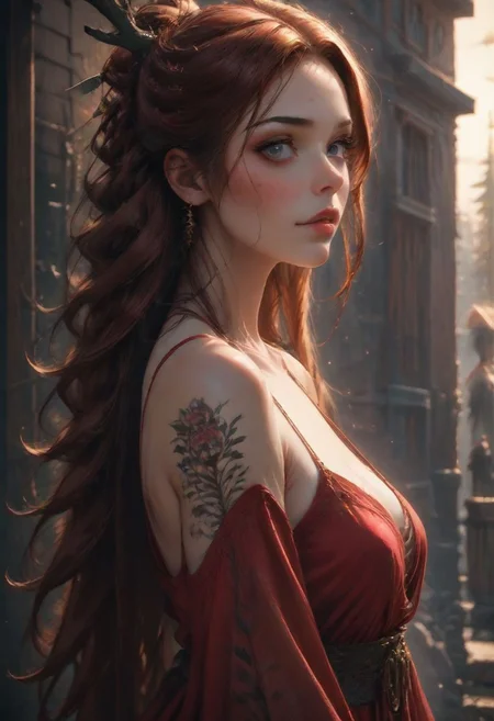 score_9, score_8_up, score_7_up, score_6_up, realistic, full color, volumetric lighting, depth of field, golden hour, Smooth, red dress, tattoo, jewelry
View from side