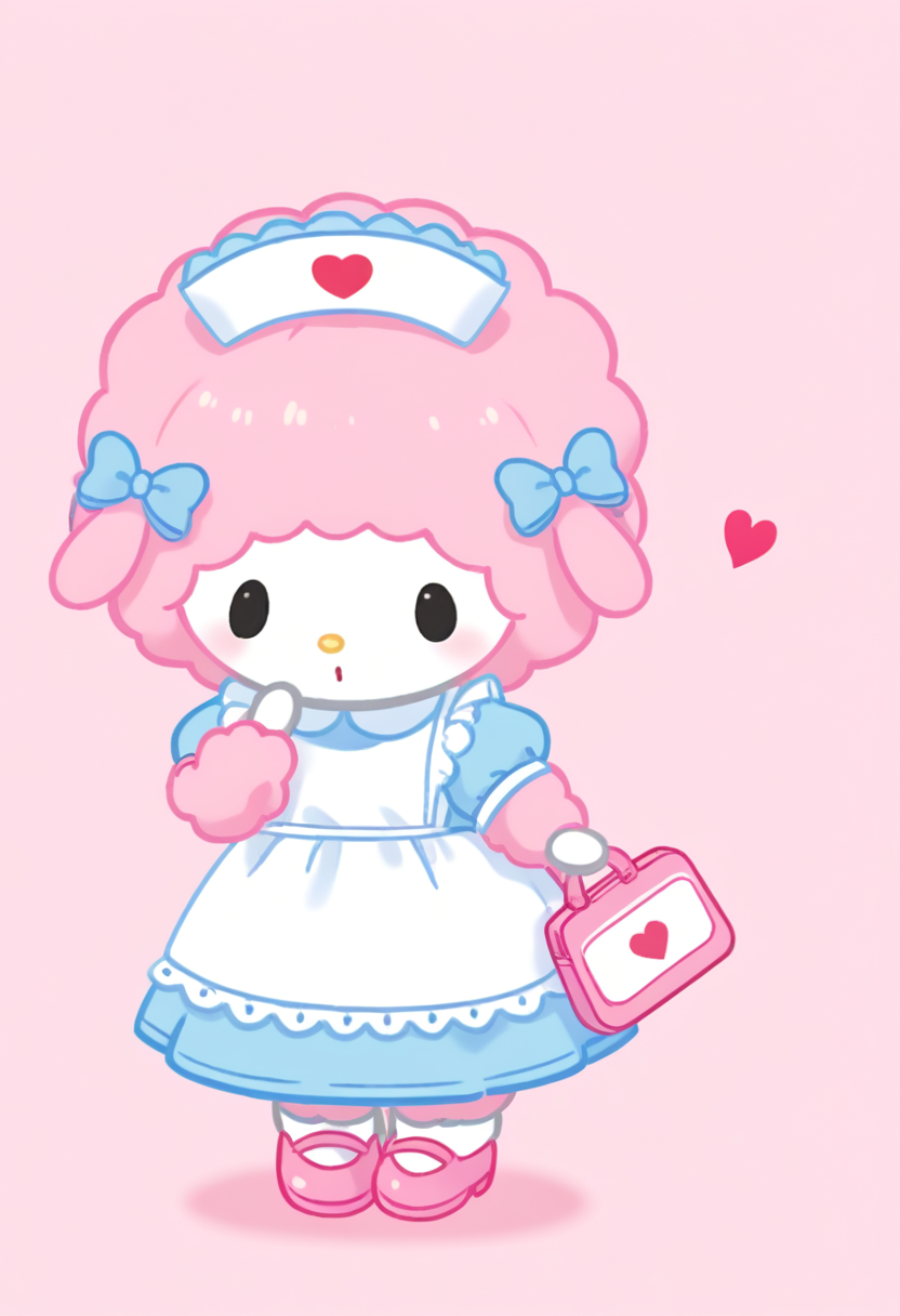 score_9, score_8_up, score_7_up, score_6_up, score_5_up, BREAK
mysweetp, solo, 1girl, heart, dress, nurse cap, pink footwear, bow, pink hair, pink background, blue dress, dot eyes, furry, chibi, feral, pink fur, white face, black eyes