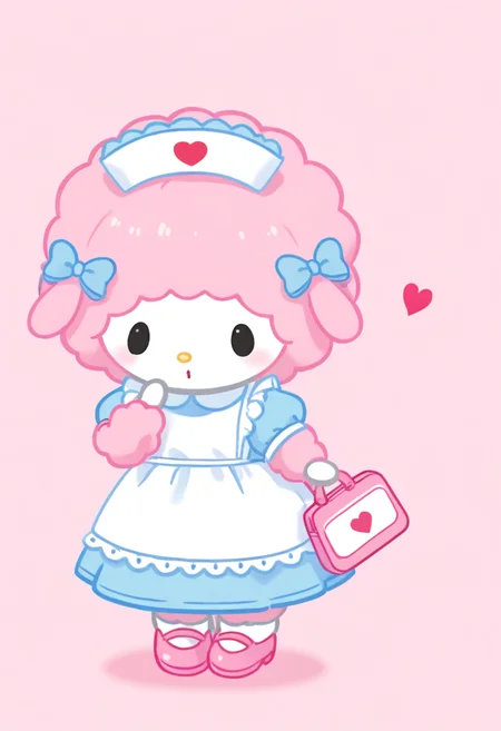 score_9, score_8_up, score_7_up, score_6_up, score_5_up, BREAK
mysweetp, solo, 1girl, heart, dress, nurse cap, pink footwear, bow, pink hair, pink background, blue dress, dot eyes, furry, chibi, feral, pink fur, white face, black eyes