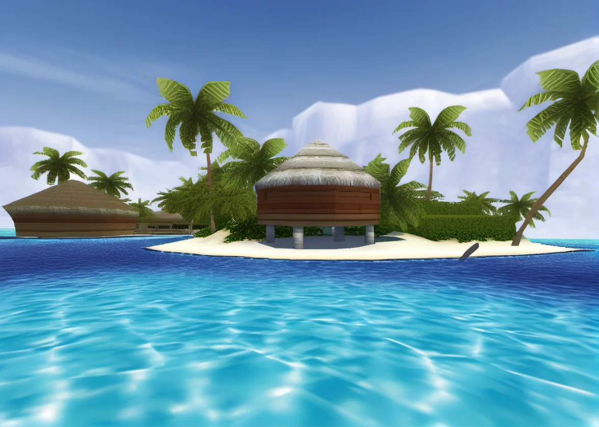 beautiful beach maldives, transparent blue water, calm, palms, coral, nature, (ps1 style:1), <lora:ps1_style_SDXL_v1:1>, (game screenshot), (computer generated image)
