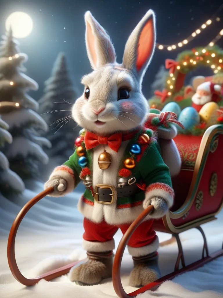 ral-santasleigh, a photorealistic easter bunny decorated is pulling Santas sleigh, the Easter Bunny is adorned with festive colorful harness <lora:ral-santasleigh-sdxl:1>