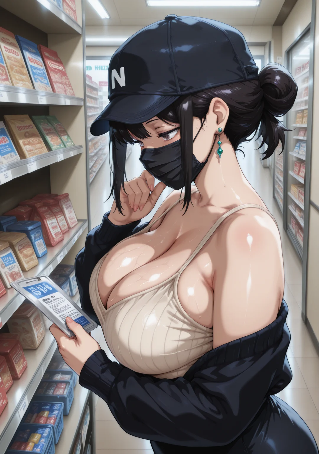 masterpiece,best quality,amazing quality,netostyle,from side,
1girl,<lora:netostyle:1>,hat,shop,black surgical mask,sweater,cleavage,earrings,holding,