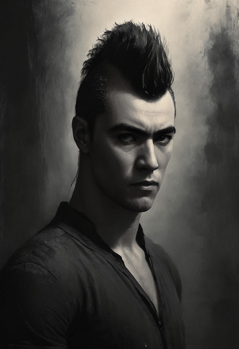 civitametapunkSDXL, 1boy, black mohawk hair, black suit, dark glasses, pointing with a finger,<lora:MattSchustyle3:0.1> MattSchu,  dark atmosphere <lora:Rafael_DeSoto:1.2> 1960s, Rafael DeSoto style, black and white photo, dramatic photo, low key light, Rembrandt Lighting style, Rembrandt shadow style, Black and white art, black pencil shading, charcoal drawing, toned paper, pencil drawing, brutal dark b/w color scheme