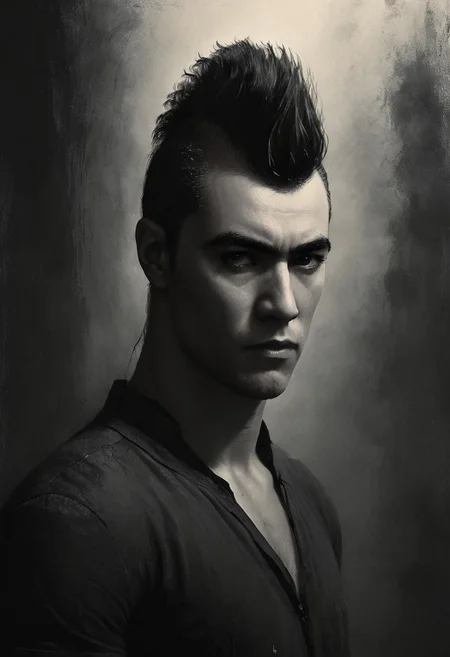 civitametapunkSDXL, 1boy, black mohawk hair, black suit, dark glasses, pointing with a finger,<lora:MattSchustyle3:0.1> MattSchu, dark atmosphere <lora:Rafael_DeSoto:1.2> 1960s, Rafael DeSoto style, black and white photo, dramatic photo, low key light, Rembrandt Lighting style, Rembrandt shadow style, Black and white art, black pencil shading, charcoal drawing, toned paper, pencil drawing, brutal dark b/w color scheme