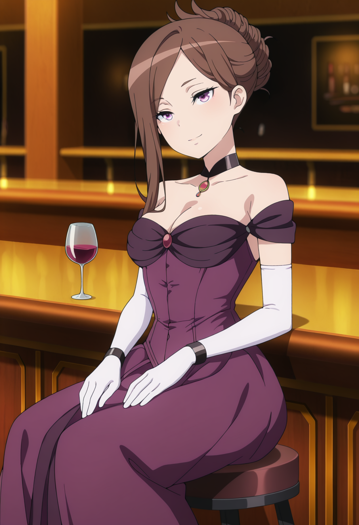 masterpiece, best quality, anime screenshot, anime, 1girl, solo, <lora:Dorothy [Illustrious] Princess Principal:1>, Dorothy, purple eyes, brown hair, asymmetrical hair, hair bun, black choker, pendant choker, purple dress, off-shoulder dress, elbow gloves, white gloves, bracelet, blurry background, bar \(place\), sitting, on stool, wine glass, light smile, head tilt,