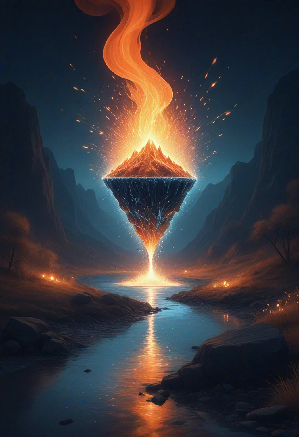 Sparkle, Award Winning, Augmented Reality Art Style,Hermit, (*Channel_42*), [earth|dirt] erupting AND [air|wind] blowing AND [water|river] flowing AND [fire|flame] burning, crystalized nodes,Augmented Reality Art Style,Midnight setting,<lora:Analogy_Digitaly_Lo-fiy__Buttony_Levery_Thing.safetensors:4.5:1.0> <lora:SDXLFaeTastic2400.safetensors:1.5:1.0> <lora:add-detail-xl.safetensors:3.0:1.0>
