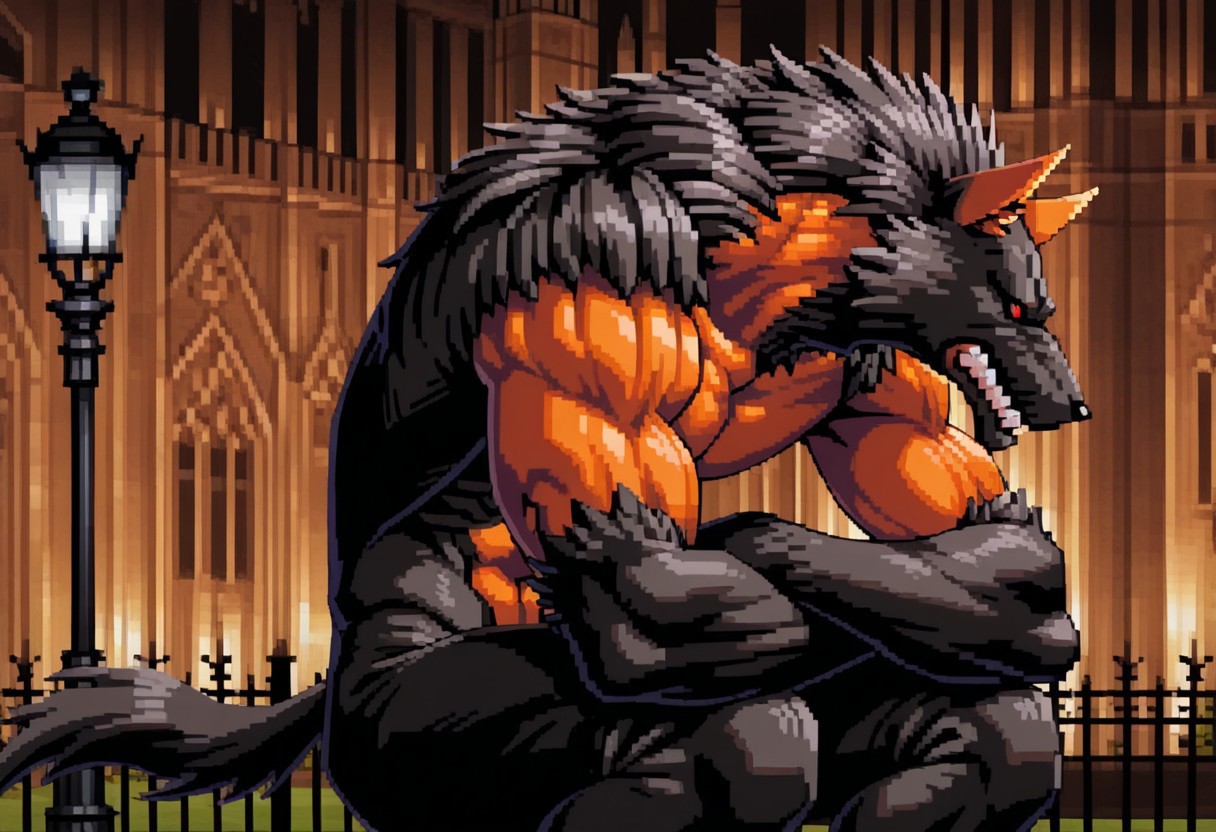 score_9, score_8_up, score_7_up, score_6_up, score_5_up, score_4_up, high quality, (detailed eyes:1.5), (detailed face), ((perfect face)), master piece, best high quality, ultra details, intricate details, male focus, detailed body, detailed background, perfect anatomy, masterpiece, high quality, best quality, amazing quality, very aesthetic, absurdres, Werewolf_CPoR, black fur, orange fur, werewolf, lamp post, leaning on lamp post, arms crossed, church background
