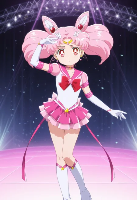 1girl,solo,<lora:eternal_sailor_chibi_moon:1>,chibi usa,sailor chibi moon,magical girl,pink hair,pink sailor collar,sailor senshi uniform,twintails,cone hair bun,jewelry,earrings,hair ornament,pink choker,bow,pink brooch,star \(symbol\),gloves,circlet,back bow,skirt,tiara,parted bangs,bowtie,hairpin,see-through sleeves,short sleeves,ribbon,knee boots,white footwear,
looking_at_viewer,standing, dancing, disco stage, disco lights, idol pose, having fun
masterpiece,best quality,amazing quality,