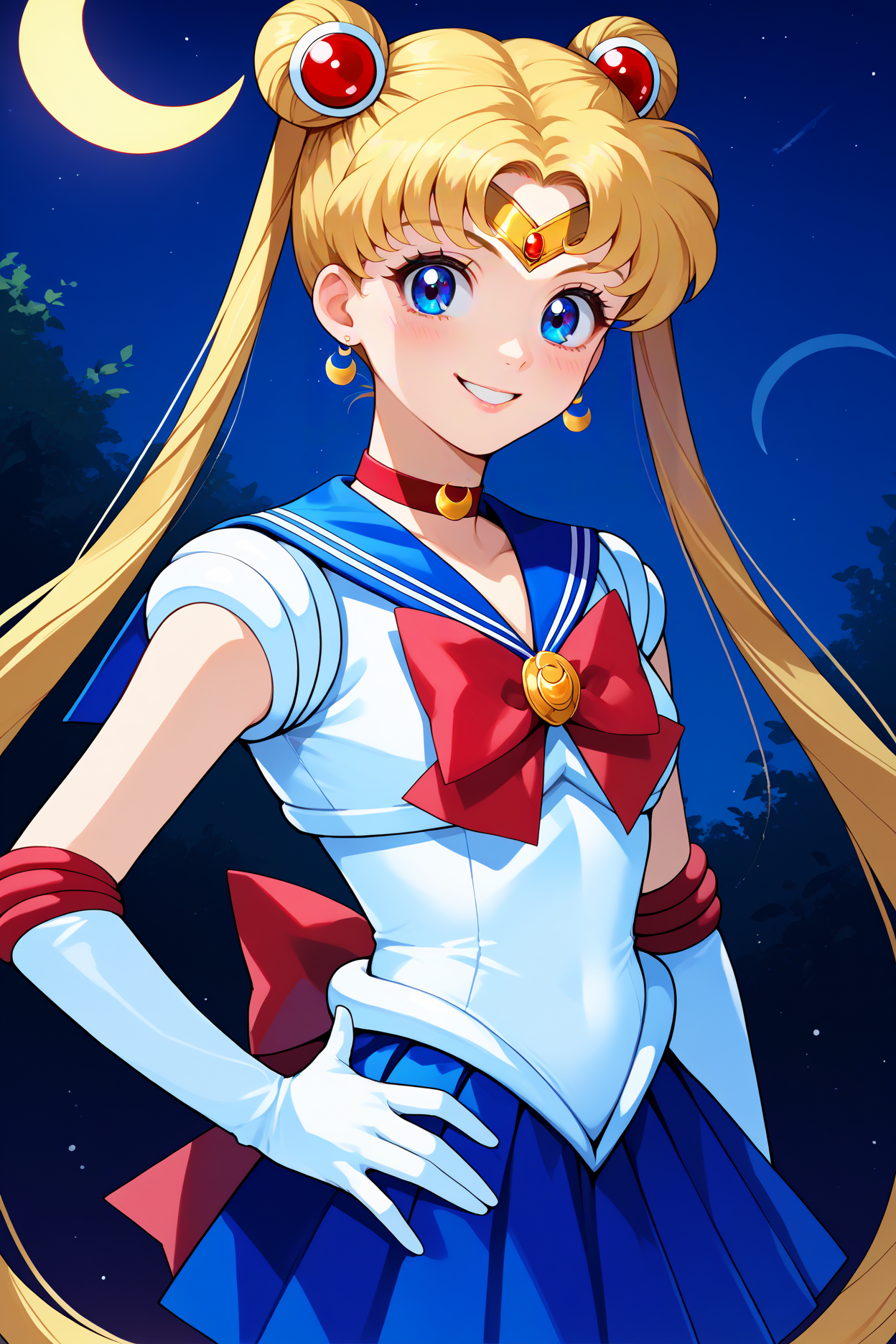 score_9, score_8_up, score_7_up, score_6_up, source_anime, 1girl, solo, <lora:sailormoon-pdxl-nvwls-v1_1-000005:1> slrmn, twintails, double bun, blonde hair, very long hair, blue eyes, parted bangs, hair ornament, crescent earrings, red choker, blue sailor collar, red bowtie, brooch, white leotard, white shirt, sleeveless, blue skirt, white gloves, elbow gloves, magical girl, upper body, portrait, looking at you, smile, night sky, crescent moon, blush, hand on hip, happy