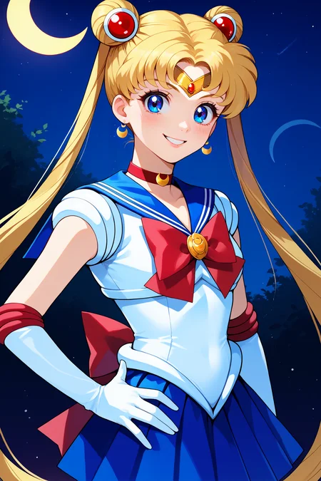 score_9, score_8_up, score_7_up, score_6_up, source_anime, 1girl, solo, <lora:sailormoon-pdxl-nvwls-v1_1-000005:1> slrmn, twintails, double bun, blonde hair, very long hair, blue eyes, parted bangs, hair ornament, crescent earrings, red choker, blue sailor collar, red bowtie, brooch, white leotard, white shirt, sleeveless, blue skirt, white gloves, elbow gloves, magical girl, upper body, portrait, looking at you, smile, night sky, crescent moon, blush, hand on hip, happy