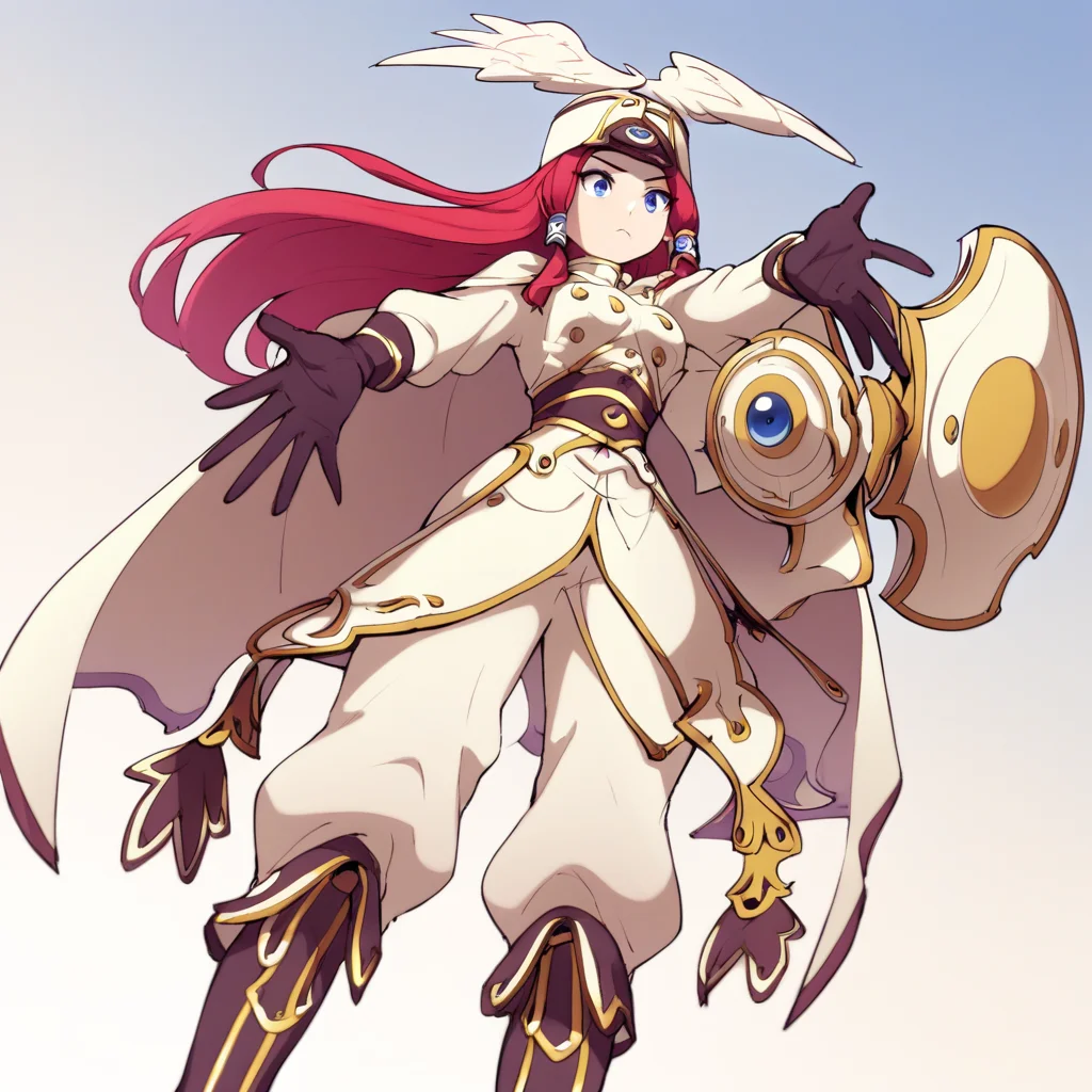 1girl, standing, pouting cute, outstretched arms, from below, red hair, blue eyes, hair ornament, hair tubes, long hair, winged hat, black gloves, cape, military uniform, white military uniform, white pants, shield, knee boots, black footwear,