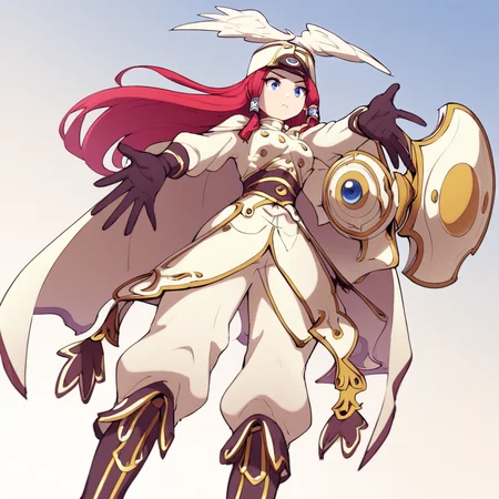 1girl, standing, pouting cute, outstretched arms, from below, red hair, blue eyes, hair ornament, hair tubes, long hair, winged hat, black gloves, cape, military uniform, white military uniform, white pants, shield, knee boots, black footwear,