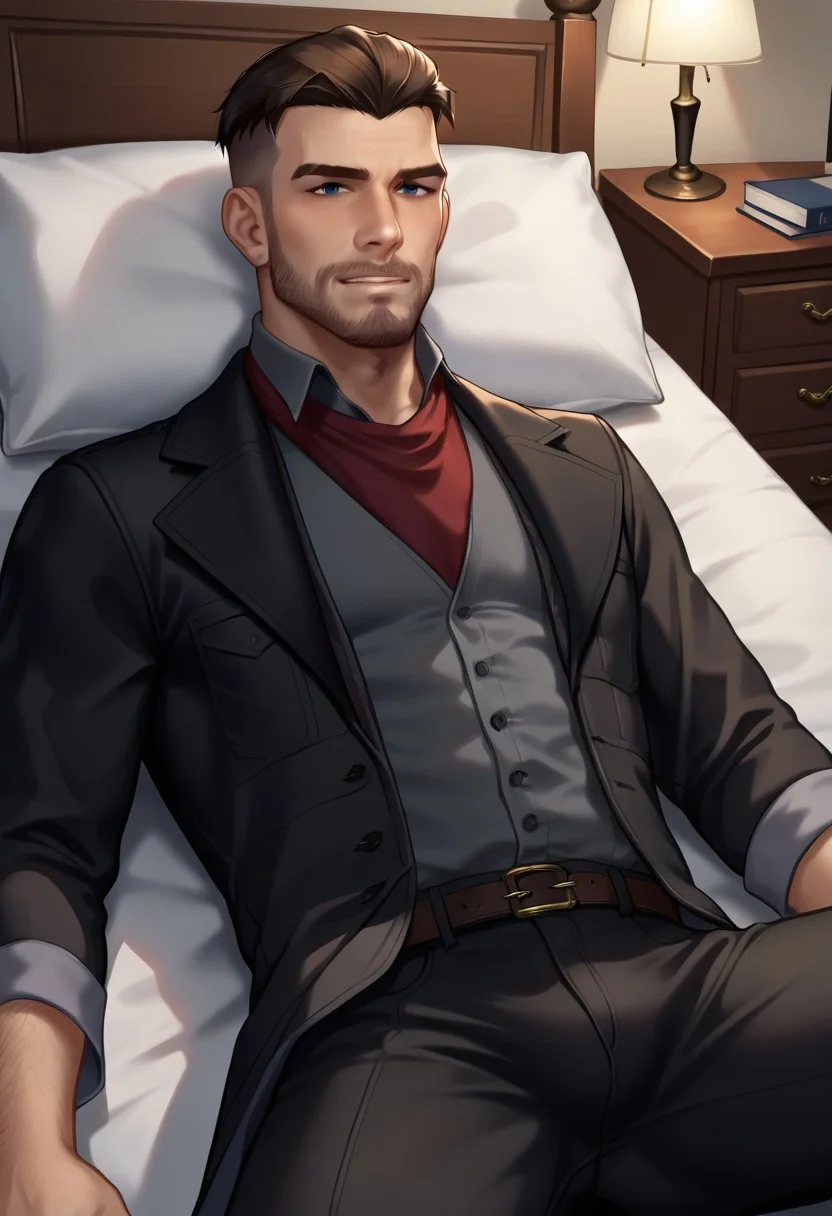 ((Anime, 2d, flat)), score_9, score_8_up, score_7_up, score_6_up, perfect anatomy, perfect proportions, best quality, masterpiece, high_resolution, high quality, aesthetic, absurdres, (male focus), solo male, Geoffrey McCullum, dark brown hair, (short hair, crewcut:1.3), slick back hair, grey-blue eyes, ((perfecteyes)), facial hair, stubble, black trench coat, grey vest, dark red cravat, black pants, dult, mature, masculine, manly, handsome, charming, alluring, (lying on bed, on back), spread legs, seductive pose, looking at viewer, intense eyes, smile, (perfect face), (dutch angle), cowboy shot, dark atmosphere, night, room, cinematic