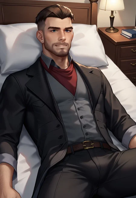 ((Anime, 2d, flat)), score_9, score_8_up, score_7_up, score_6_up, perfect anatomy, perfect proportions, best quality, masterpiece, high_resolution, high quality, aesthetic, absurdres, (male focus), solo male, Geoffrey McCullum, dark brown hair, (short hair, crewcut:1.3), slick back hair, grey-blue eyes, ((perfecteyes)), facial hair, stubble, black trench coat, grey vest, dark red cravat, black pants, dult, mature, masculine, manly, handsome, charming, alluring, (lying on bed, on back), spread legs, seductive pose, looking at viewer, intense eyes, smile, (perfect face), (dutch angle), cowboy shot, dark atmosphere, night, room, cinematic