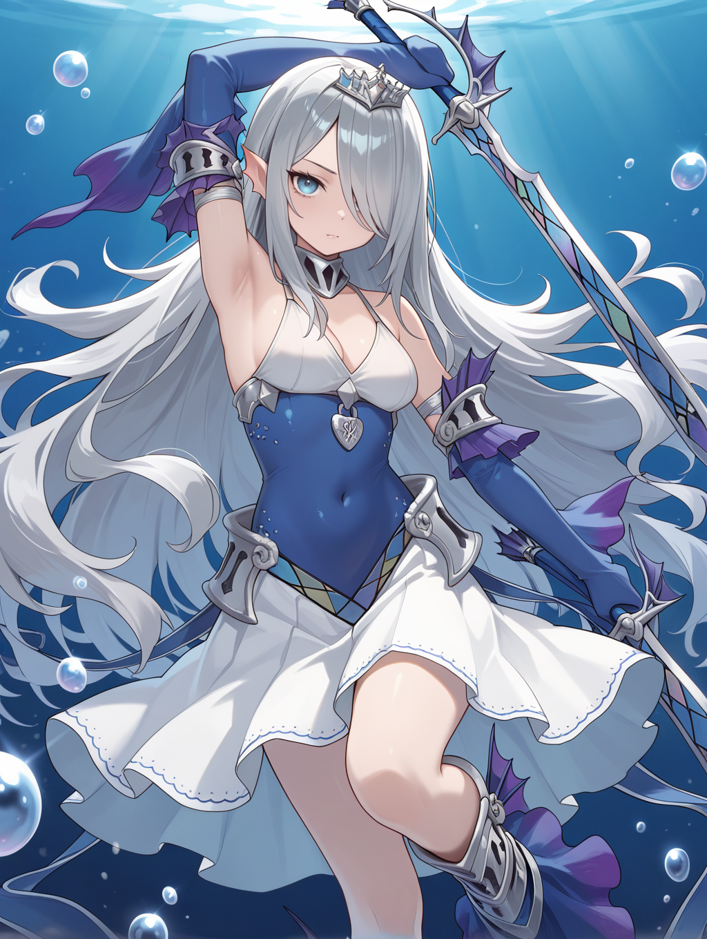 tearlaments havnis, blue dress, silver tiara, blue detached sleeves, calf fins, mermaid, 1girl, solo, underwater, bubble, sword, armpits, covered navel, looking at viewer, air bubble, cleavage, closed mouth, holding sword, sleeves past fingers, dual wielding,
masterpiece,best quality,amazing quality,very aesthetic,absurdres,newest,<lora:Tearlaments Havnis illuXL v1:0.75>,