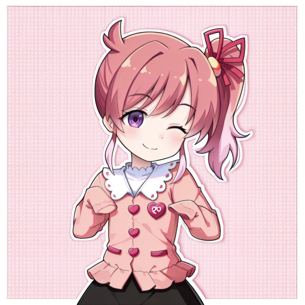 lazypos, character focused, anime girl, short hair, pink highlights, side ponytail, playful pose, winking expression, black skirt, pink blouse, white collar, red ribbon, purple eyes, cute smile, modern outfit, decorative trim, heart buttons, energetic mood, clean background, soft shading, kawaii style, vibrant palette, bopstyle